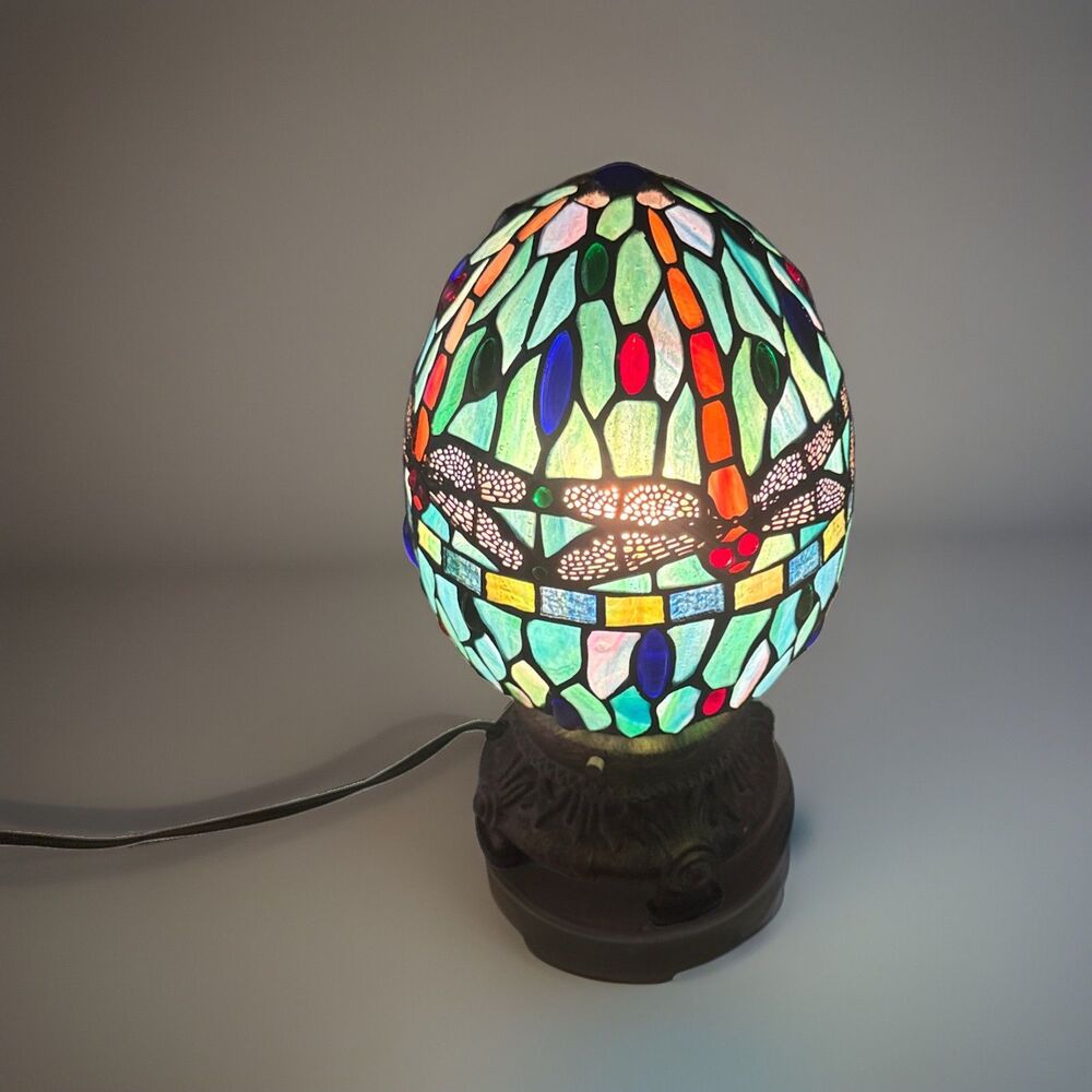 Vintage Tiffany Style Dragon Egg Mini Stained Glass Lamp 12' Tall w/2 way Switch